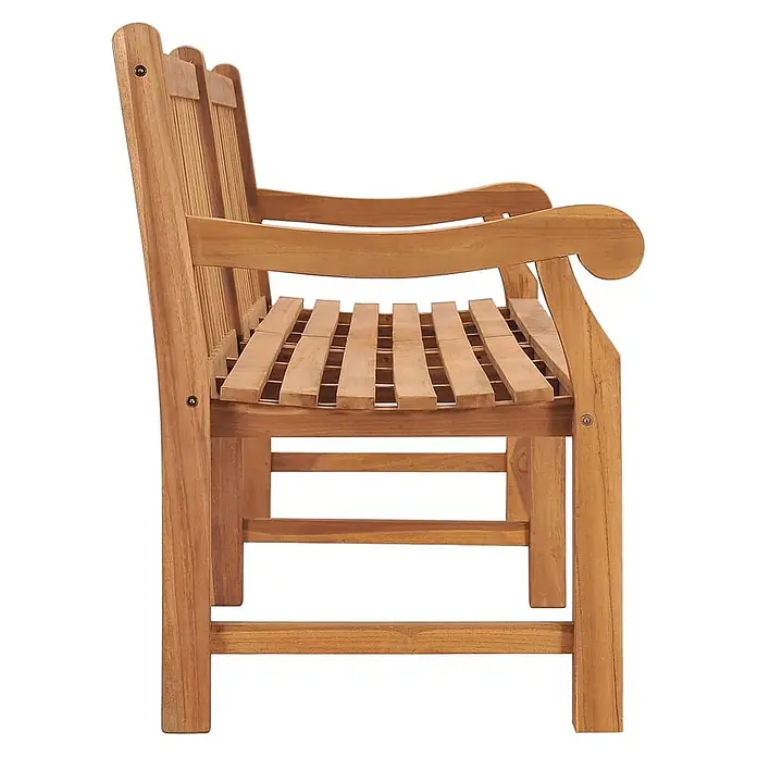 Furnicato Gartenbank - Braun - Seitenansicht einer Gartenbank aus natürlichem Teakholz mit Lattenrostsitz und geschwungenen Armlehnen.