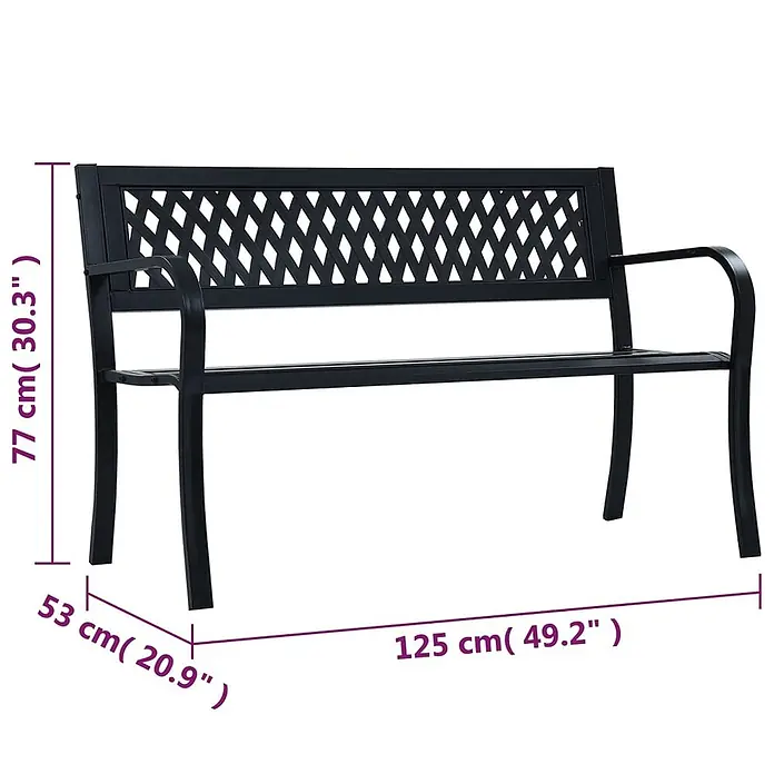 Furnicato Gartenbank Stahl - B x T x H: 125 x 53 x 77 cm, Schwarz - Schwarze Metall-Gartenbank mit dekorativer Gitterlehne und Armlehnen für den Außenbereich.