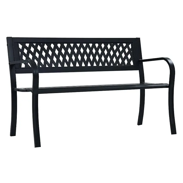 Furnicato Gartenbank Stahl - B x T x H: 125 x 53 x 77 cm, Schwarz - Schwarze Metallgartenbank mit rautenförmiger Gitterlehne und Armlehnen.