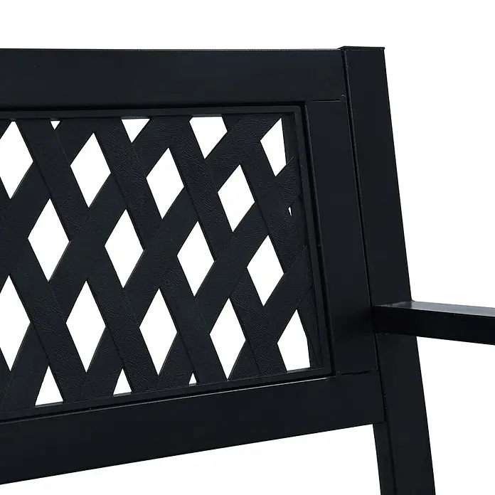Furnicato Gartenbank Stahl - B x T x H: 125 x 53 x 77 cm, Schwarz - Nahaufnahme einer schwarzen Metallbanklehne mit dekorativem Rautenmuster und einem Teil der Armlehne.