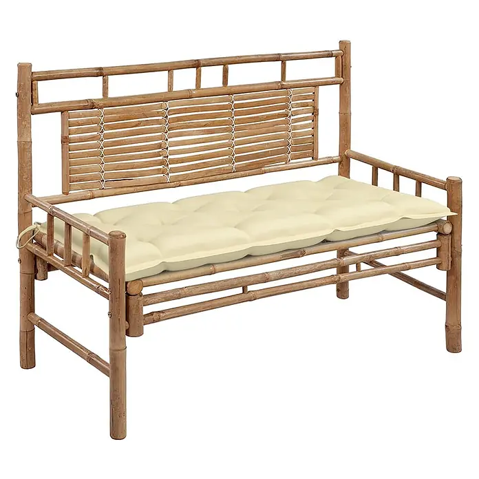 Furnicato Gartenbank Bambus - B x T x H: 55 x 120 x 90 cm, Creme - Gartenbank aus Bambus mit Lattenrückenlehne und cremefarbenem, getuftetem Polster.
