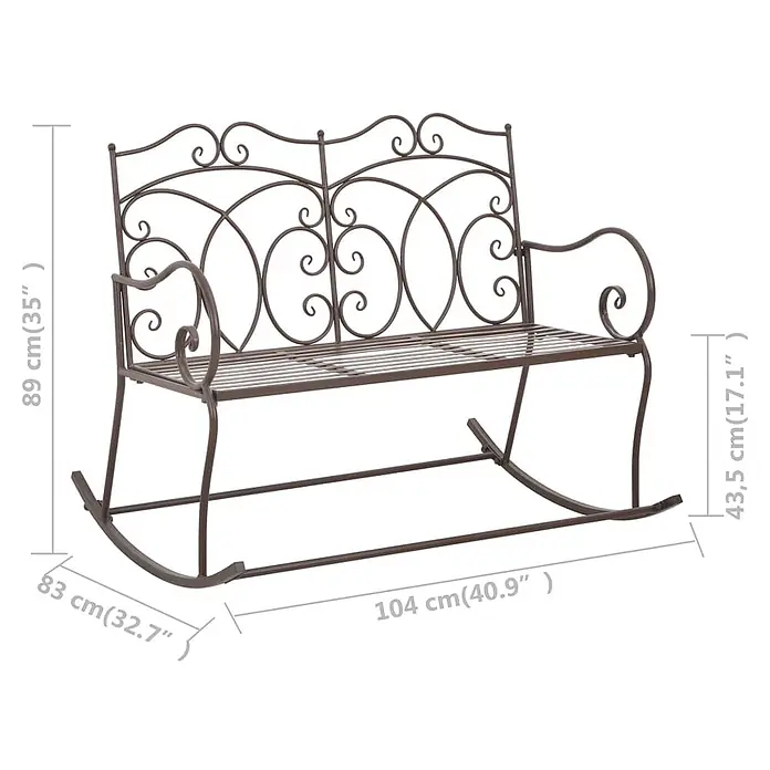 Furnicato Gartenbank Schmiedeeisen Antik-Braun - B x T x H: 104 x 83 x 89 cm, Braun - Braune Metall-Schaukelbank mit Zierranken, 104 cm breit, 89 cm hoch, 83 cm tief, Sitzhöhe 43,5 cm.