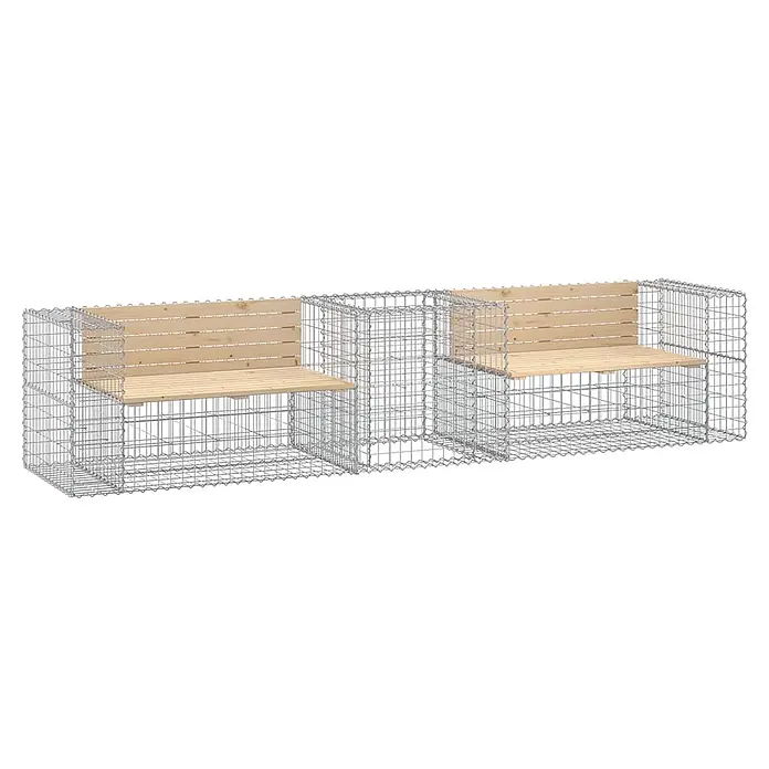 Furnicato Gartenbank Kiefernholz - B x T x H: 314 x 71 x 65,5 cm, Natürliche Kiefer - Gabionenbank mit heller Holzauflage und Rückenlehne.