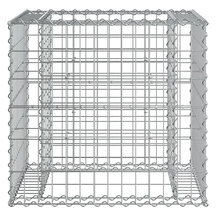 Furnicato Gartenbank Kiefernholz - B x T x H: 314 x 71 x 65,5 cm, Natürliche Kiefer - Leerer, silberfarbener Gabionenkorb aus Drahtgeflecht mit quadratischer Maschenstruktur, bereit zum Befüllen.