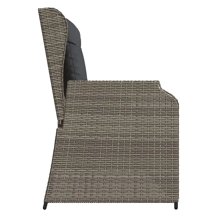 Furnicato Gartenbank Poly-Rattan - B x T x H: 108 x 110 x 95 cm, Grau - Seitenansicht eines graubraunen Outdoor-Stuhls aus geflochtenem synthetischem Rattan mit dunkelgrauem Kissen.