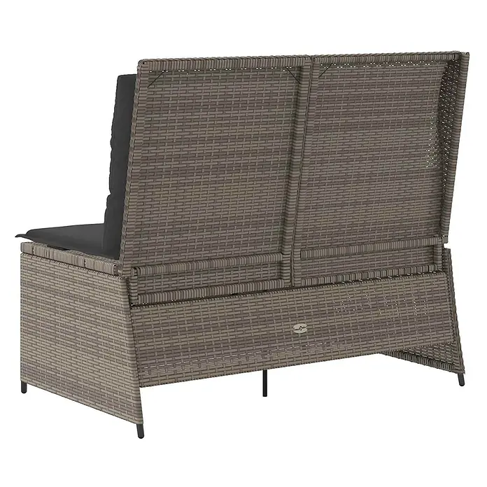 Furnicato Gartenbank Poly-Rattan - B x T x H: 108 x 110 x 95 cm, Grau - Rück- und Seitenansicht einer grauen Polyrattan-Gartenbank mit dunkelgrauen Kissen.