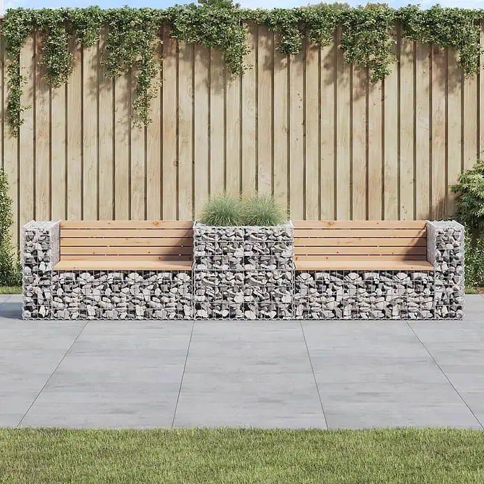 Furnicato Gartenbank Kiefernholz - B x T x H: 314 x 71 x 65,5 cm, Natürliche Kiefer - Gabionenbank mit Holzsitzen und integriertem Gabionenpflanzgefäß, im Freien.