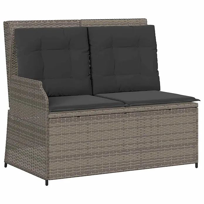 Furnicato Gartenbank Poly-Rattan - B x T x H: 108 x 110 x 95 cm, Grau - Graue Polyrattan 2-Sitzer Gartenbank mit dunkelgrauen Kissen und integriertem Stauraum.