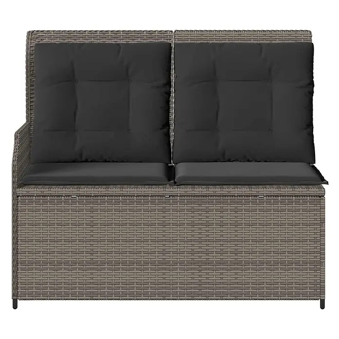 Furnicato Gartenbank Poly-Rattan - B x T x H: 108 x 110 x 95 cm, Grau - Graubraune Rattan-Gartenbank für zwei Personen mit Stauraum und dunkelgrauen Kissen.