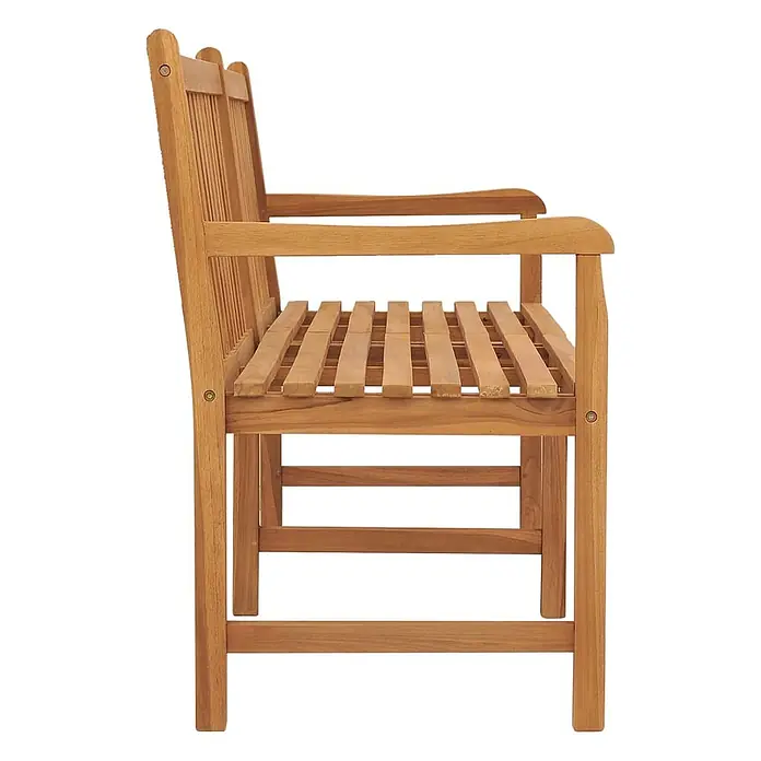 Furnicato Gartenbank Teakholz lackiert - B x T x H: 180 x 60 x 90 cm, Braun - Hellebraune Teakholz-Gartenbank mit Lattenrostsitz und Rückenlehne, von der Seite gezeigt.