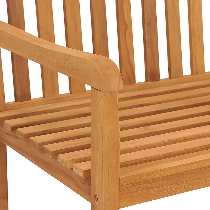 Furnicato Gartenbank Teakholz lackiert - B x T x H: 180 x 60 x 90 cm, Braun - Nahaufnahme einer hellbraunen Holzgartenbank mit Lamellen, die Armlehne und Sitzfläche zeigt.