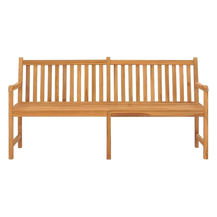 Furnicato Gartenbank Teakholz lackiert - B x T x H: 180 x 60 x 90 cm, Braun - Lange, hellbraune Teakholzbank mit Lattenrostsitzfläche, Rückenlehne und Armlehnen.
