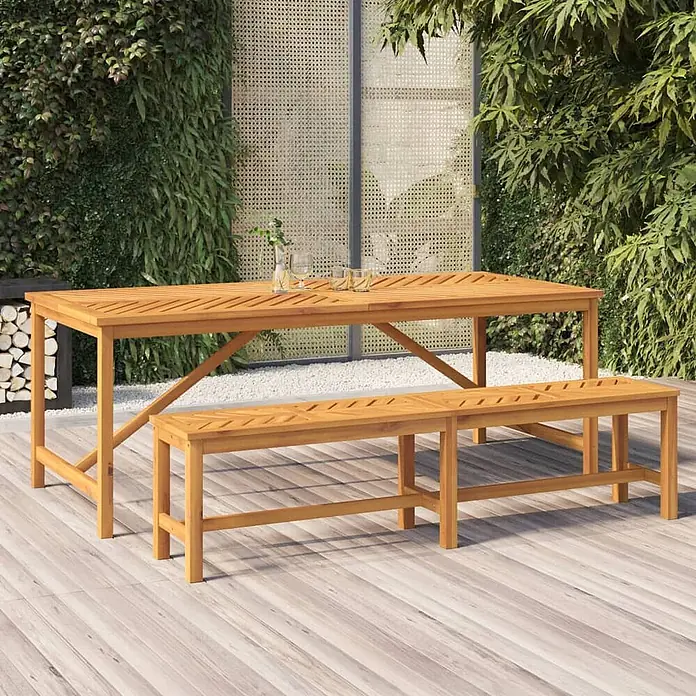 Furnicato Gartenbank - Braun - Heller Holztisch mit zwei passenden Bänken für den Außenbereich auf einer hellen Terrasse.