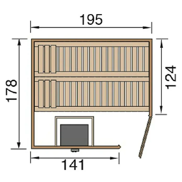 Weka Massivholzsauna Turku 1 GTF Sparset - Elektroofen, Steuerung Ofen: Extern, Mit Fenster, L x B x H: 178 x 195 x 205 cm - Draufsicht des Saunaplans mit Maßen. Das Produkt ist eine Sauna mit Ofen.