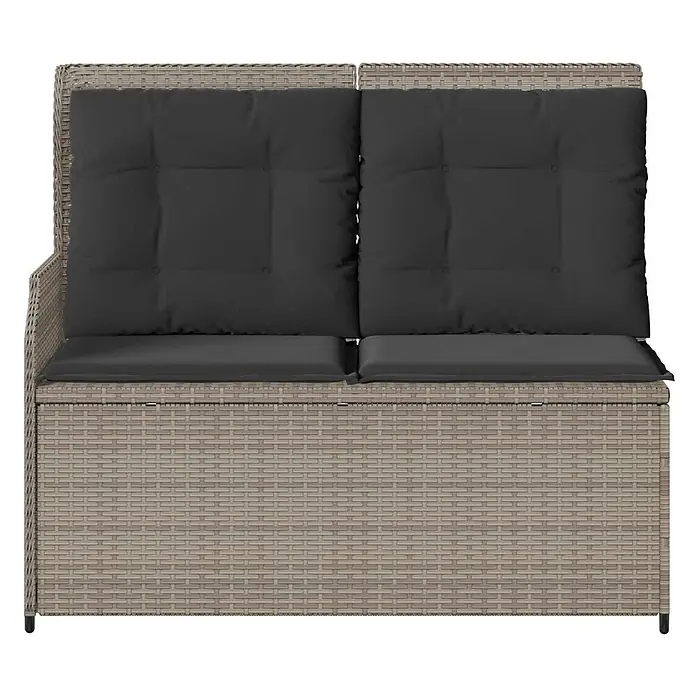 Furnicato Gartenbank Poly-Rattan - B x T x H: 108 x 110 x 95 cm, Hellgrau - Hellbraune Rattan-Sitzbank mit Stauraum und dunkelgrauen Kissen.