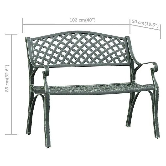 Furnicato Gartenbank Aluminiumguss - B x T x H: 102 x 50 x 83 cm, Grün - Dunkelgraue Gartenbank aus Metall mit Gittermuster in Rückenlehne und Sitzfläche.