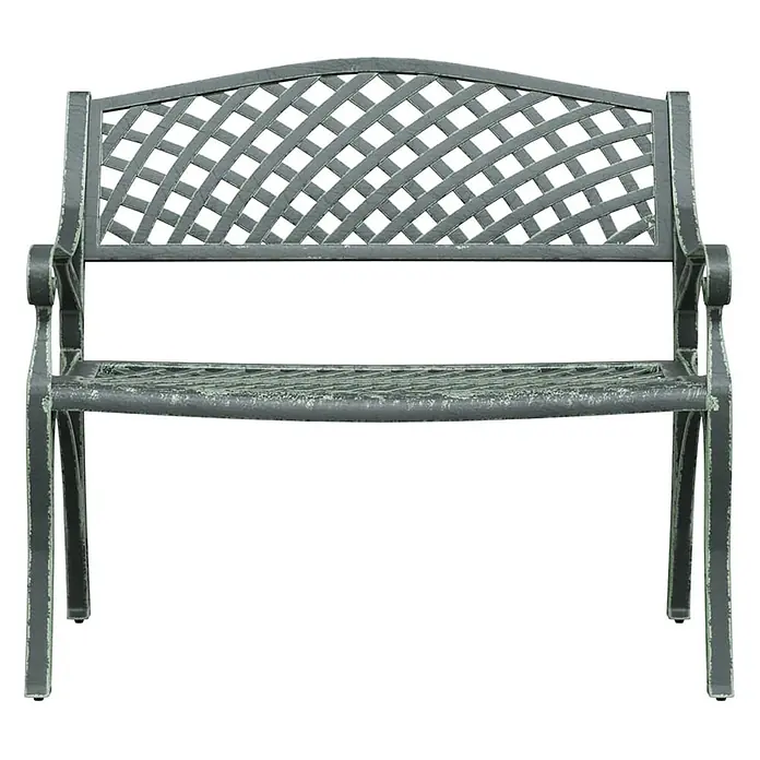 Furnicato Gartenbank Aluminiumguss - B x T x H: 102 x 50 x 83 cm, Grün - Verwitterte graue Metallgartenbank mit dekorativer Gitterlehne und Lattenrostsitz.