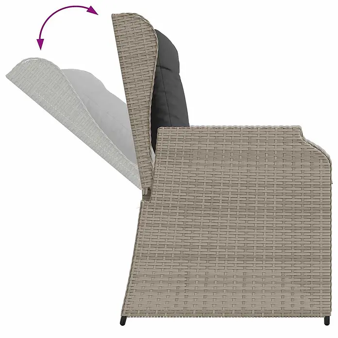 Furnicato Gartenbank Poly-Rattan - B x T x H: 108 x 110 x 95 cm, Hellgrau - Hellgrauer Rattan Garten-Sessel mit Stauraum, Deckel teilweise geöffnet mit dunklem Kissen.