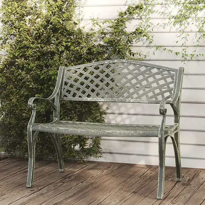 Furnicato Gartenbank Aluminiumguss - B x T x H: 102 x 50 x 83 cm, Grün - Antiker graugrüner Metallgartenbank mit Gitterrücken und Sitzfläche, für den Außenbereich geeignet.