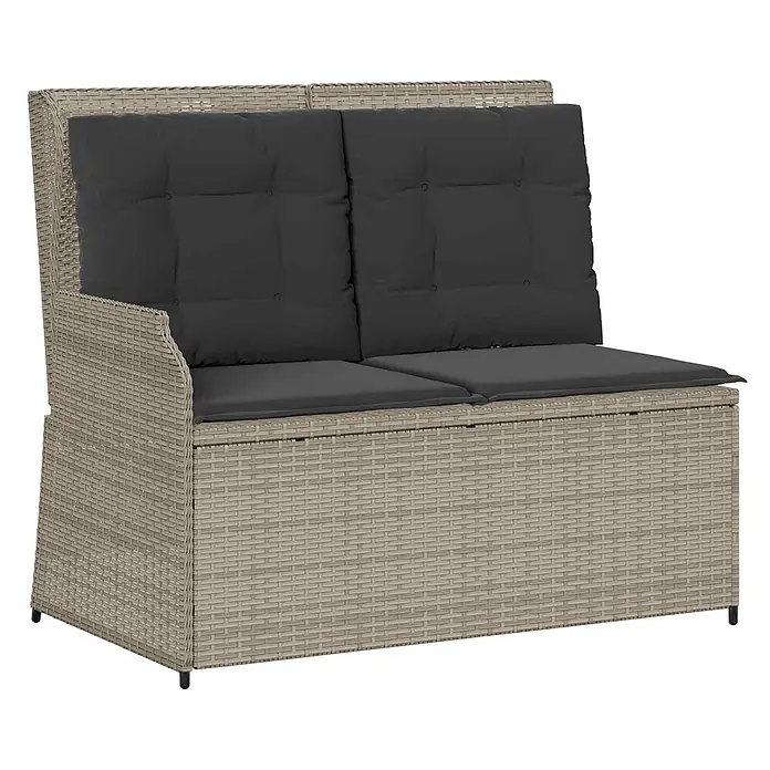 Furnicato Gartenbank Poly-Rattan - B x T x H: 108 x 110 x 95 cm, Hellgrau - Zweisitzer-Gartenbank aus grauem Polyrattan mit dunkelgrauen Kissen und integriertem Stauraum.