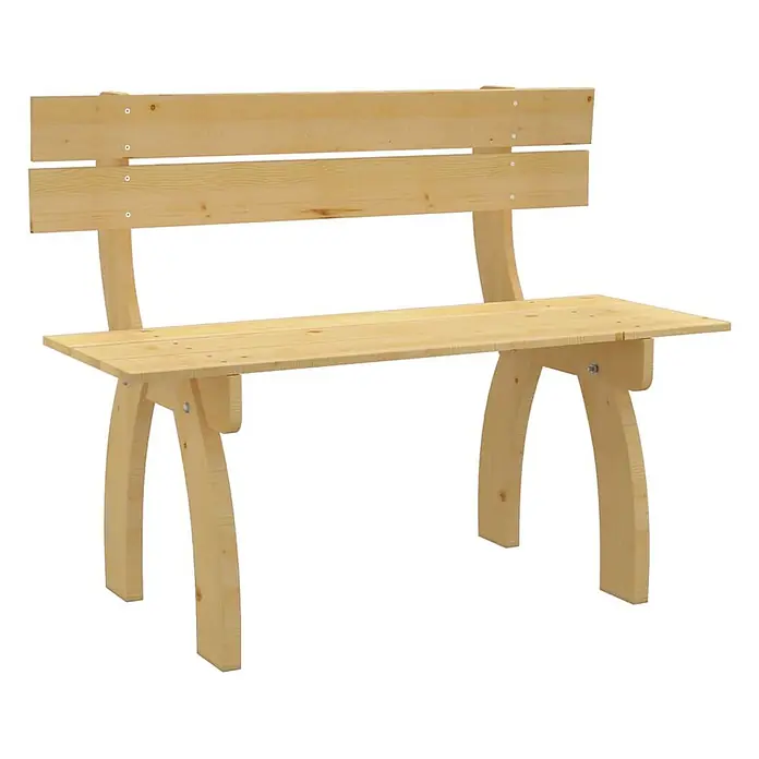Furnicato Gartenbank - Braun - Eine einfache Holzbank aus hellem Holz mit Rückenlehne und geschwungenen Beinen.