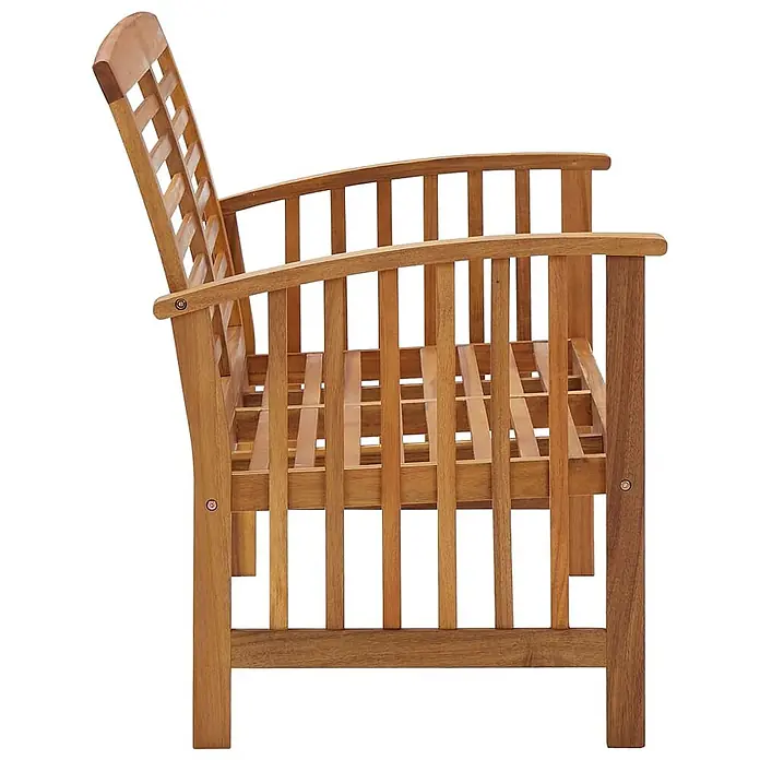 Furnicato Gartenbank Akazien-Massivholz - B x T x H: 67 x 119 x 83 cm, Braun - Seitenansicht eines hellbraunen Garten-Lattensessels mit gebogenen Armlehnen und Rückenlehne.