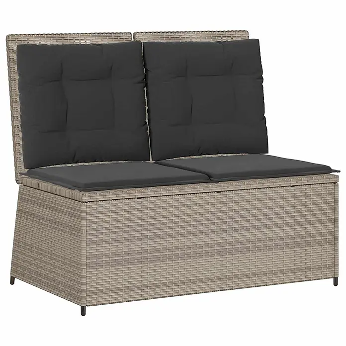 Furnicato Gartenbank Poly-Rattan - B x T x H: 67 x 110 x 95 cm, Hellgrau - Zweisitzige hellgraue Gartenbank in Rattan-Optik mit Stauraum und dunkelgrauen Kissen.