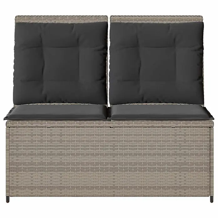 Furnicato Gartenbank Poly-Rattan - B x T x H: 67 x 110 x 95 cm, Hellgrau - Hellebraune Rattan-2-Sitzer-Gartenbank mit Stauraum und dunkelgrauen Polstern.