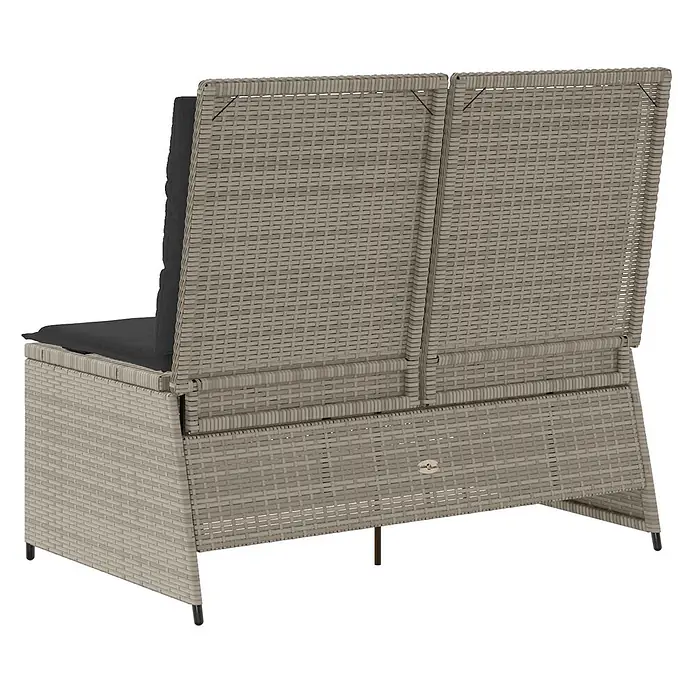 Furnicato Gartenbank Poly-Rattan - B x T x H: 67 x 110 x 95 cm, Hellgrau - Zweisitzige, hellgraue Rattan-Gartenbank mit dunklen Kissen, von hinten gezeigt.