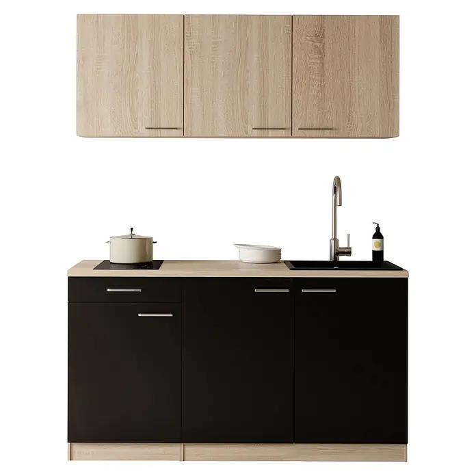 Respekta Miniküche Ingrid - Breite: 150 cm, Schwarz, Mit Kochfeld + Mikrowelle - Moderne Küche mit hellen Holzoberschränken, schwarzen Unterschränken, Spüle, Wasserhahn und Induktionskochfeld.