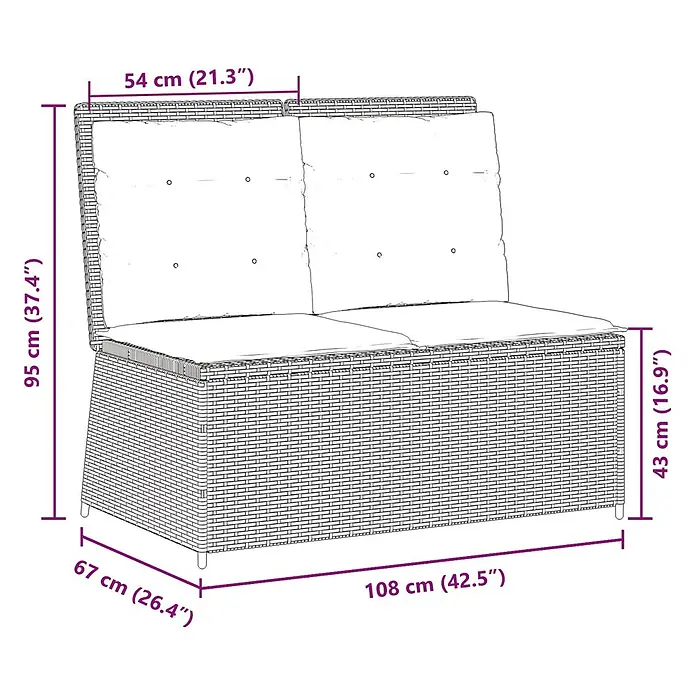 Furnicato Gartenbank Poly-Rattan - B x T x H: 67 x 110 x 95 cm, Hellgrau - Zweisitzer-Rattan-Gartensofa mit hellen Kissen, mit Maßen dargestellt.