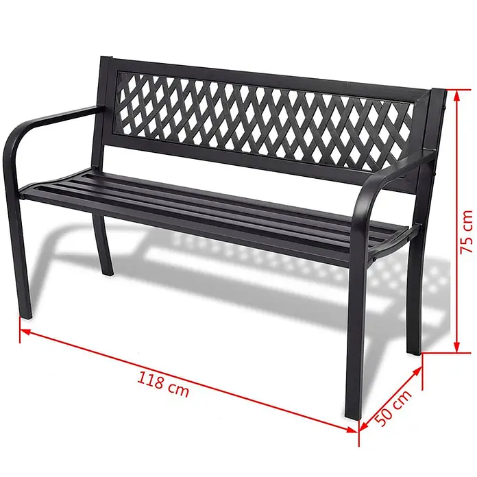 Furnicato Gartenbank Stahl PVC-Rückenlehne - B x T x H: 50 x 118 x 75 cm, Schwarz - Schwarze Metall-Gartenbank mit Lattenrostsitz, Armlehnen und rautenförmiger Rückenlehne.