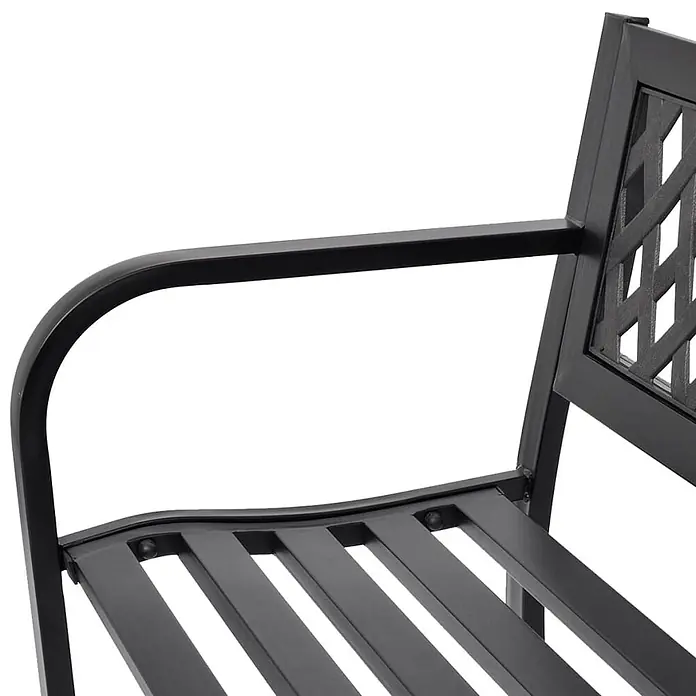 Furnicato Gartenbank Stahl PVC-Rückenlehne - B x T x H: 50 x 118 x 75 cm, Schwarz - Nahaufnahme einer schwarzen Metall-Gartenbank mit Armlehne, Lattenrostsitz und gemusterter Rückenlehne.