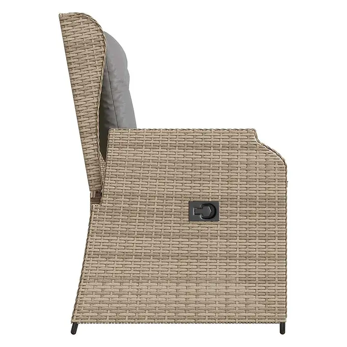 Furnicato Gartenbank - B x T x H: 104 x 67 x 95 cm, Beige und Grau - Seitenansicht eines beigen Rattan-Outdoorstuhls mit grauem Kissen und schwarzem Verstellhebel.