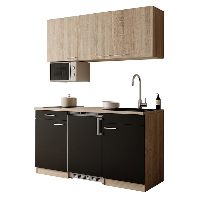 Respekta Miniküche Ingrid (Breite: 150 cm, Schwarz, Mit Kochfeld + Kühlschrank + Mikrowelle) | BAUHAUS