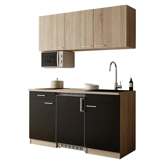 Respekta Miniküche Ingrid - Breite: 150 cm, Schwarz, Mit Kochfeld + Kühlschrank + Mikrowelle - Kompakte Küchenzeile mit hellen Holz-Oberschränken und dunklen Unterschränken, integrierter Spüle, Kochfeld und Mikrowelle.