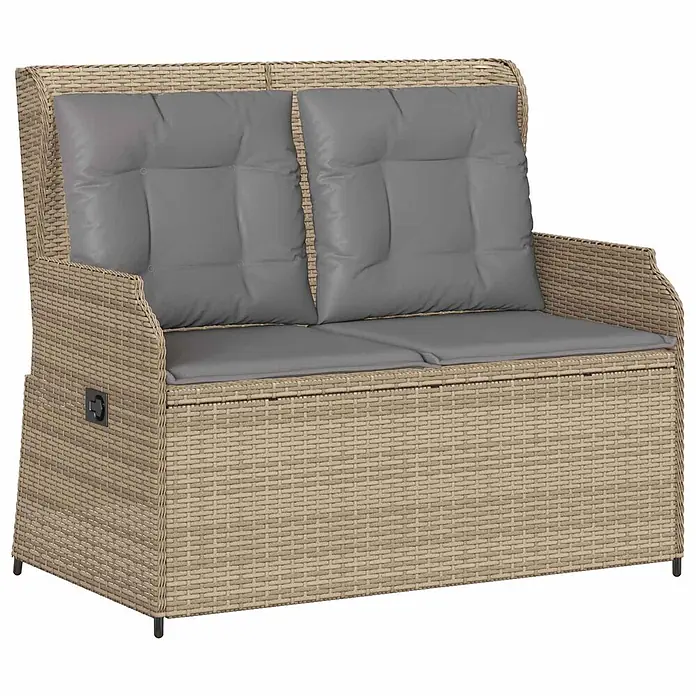 Furnicato Gartenbank - B x T x H: 104 x 67 x 95 cm, Beige und Grau - Beige Rattan-2-Sitzer-Gartenbank mit Stauraum und grauen Kissen.