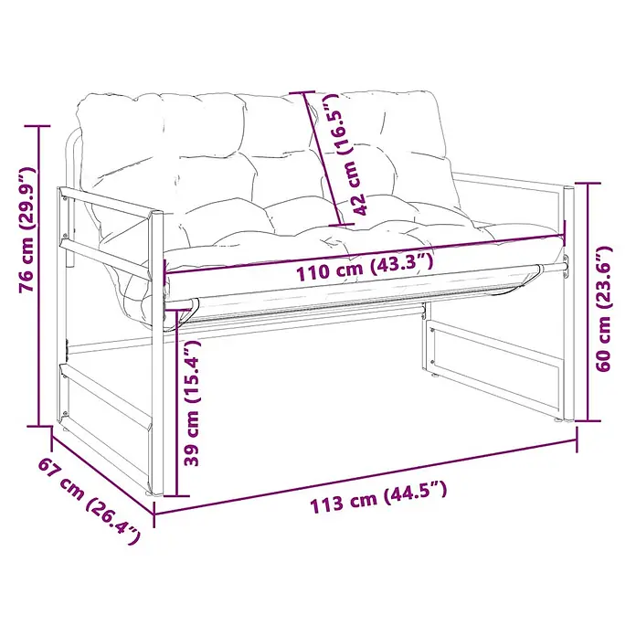 Furnicato Gartenbank - Anthrazit - Zweisitzer-Sofa mit Metallrahmen und gepolsterten Kissen, inklusive detaillierter Maße.