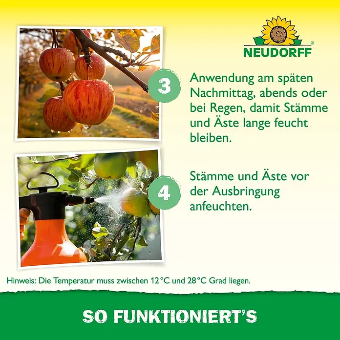 Neudorff Bestellkarte Nützlinge - Geeignet für: Apfelwickler - Schritt-für-Schritt-Anleitung zur Anwendung eines Pflanzenpflegemittels auf Bäume, mit Bildern von Äpfeln und einer Sprühflasche in Aktion.
