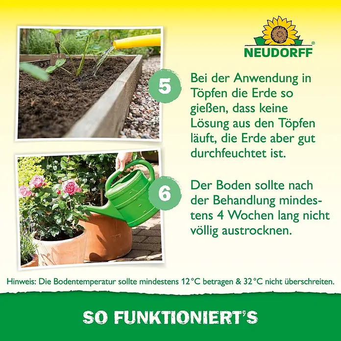 Neudorff Bestellkarte Nützlinge - Dickmaulrüssler, Max. Anwendungsfläche: 10 m² - Neudorff Anwendungshinweise: Bilder zum Gießen von Pflanzen in Hochbeet und Topf, mit Tipps zu Bewässerung & Bodentemperatur.