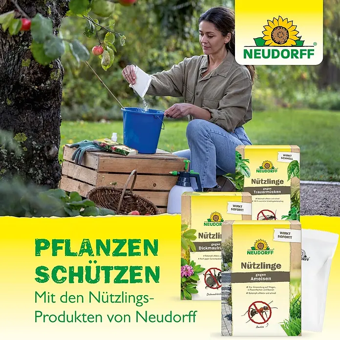 Neudorff Bestellkarte Nützlinge - Geeignet für: Apfelwickler - Neudorff Nützlinge Produkte für den Pflanzenschutz. Eine Frau bereitet ein Produkt im Garten zu, Packungen gegen Schädlinge sind sichtbar.