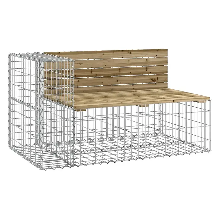 Furnicato Gartenbank - Dunkelbraun - L-förmige Gabionenbank mit Metallgitterrahmen und heller Holz-Sitzfläche und Rückenlehne.
