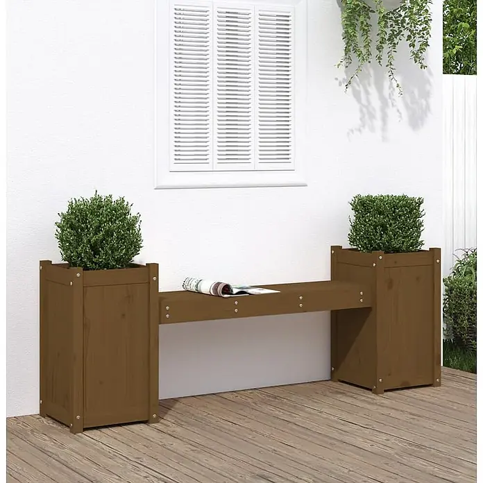 Furnicato Gartenbank - Honigbraune Kiefer - Braune Holz-Pflanzbank mit zwei Pflanzkästen, die grüne Büsche halten, verbunden durch eine Sitzfläche.