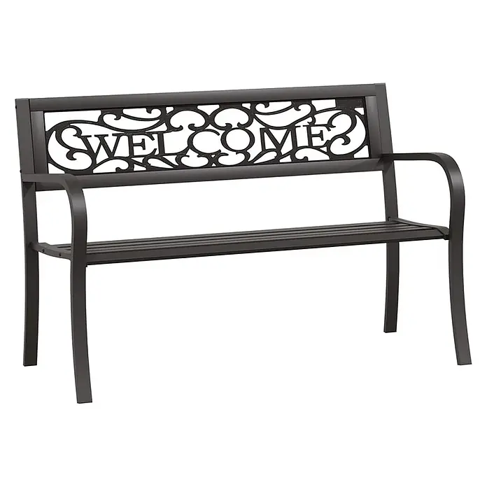 Furnicato Gartenbank pulverbeschichtet - B x T x H: 125 x 53 x 77 cm, Schwarz - Dunkelgraue Metallgartenbank mit "WELCOME"-Design und dekorativen Schnörkeln in der Rückenlehne.
