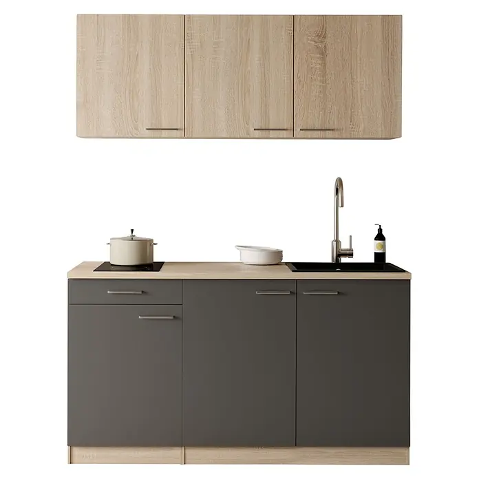 Respekta Miniküche Ingrid - Breite: 150 cm, Grau, Mit Kochfeld - Moderne Küchenzeile mit hellen Holz-Oberschränken und dunkelgrauen Unterschränken, heller Arbeitsplatte mit Kochfeld und Spüle.