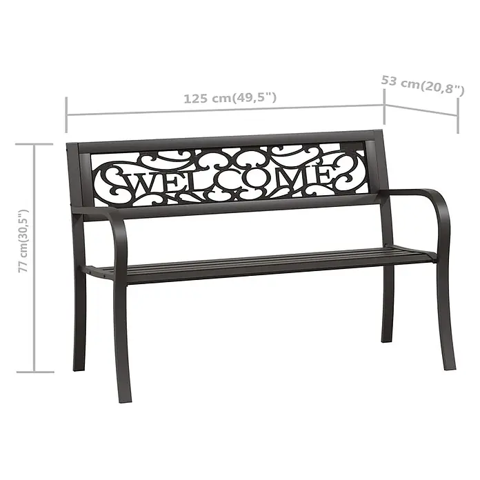 Furnicato Gartenbank pulverbeschichtet - B x T x H: 125 x 53 x 77 cm, Schwarz - Dunkelgraue Metall-Gartenbank mit dekorativer 'WELCOME'-Rückenlehne und Armlehnen.
