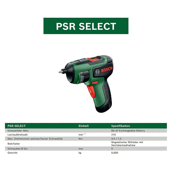 Bosch Akkuschrauber PSR Select - 3,6 V, 1 Akku, 2 Ah, 4,5 Nm - Grün-schwarzer Bosch PSR Select Akku-Schrauber mit magnetischem Bithalter.
