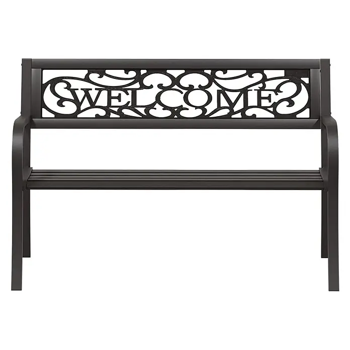 Furnicato Gartenbank pulverbeschichtet - B x T x H: 125 x 53 x 77 cm, Schwarz - Dunkle Metall-Gartenbank mit einer verzierten Rückenlehne mit "WELCOME"-Schriftzug und einer Lattenrostsitzfläche.
