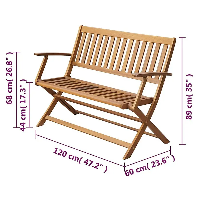 Furnicato Gartenbank Akazien-Massivholz - B x T x H: 120 x 60 x 89 cm, Braun - Faltbare Gartenbank aus braunem Holz mit Lattenrostsitz und Rückenlehne.