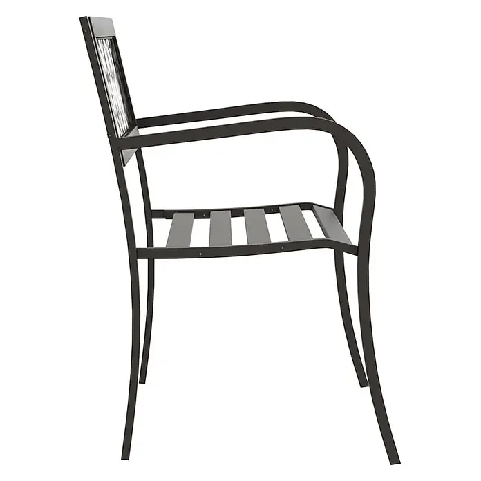Furnicato Gartenbank pulverbeschichtet - B x T x H: 125 x 53 x 77 cm, Schwarz - Seitenansicht eines dunkelgrauen Metall-Sessels mit Lattenrostsitz und -lehne.